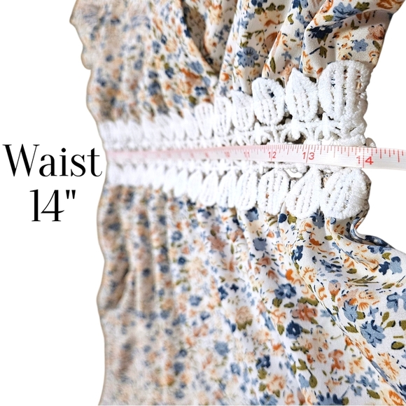 Wmns Ditsy Floral Kimono Mini Dress Boho Cottagecore Lace Waist Cutout XS/S - Picture 7 of 8